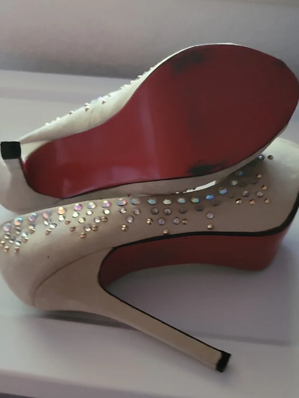 Nude Peep-Toe  Suede AB Crystal Embellished Pumps Size 8.5 EU39